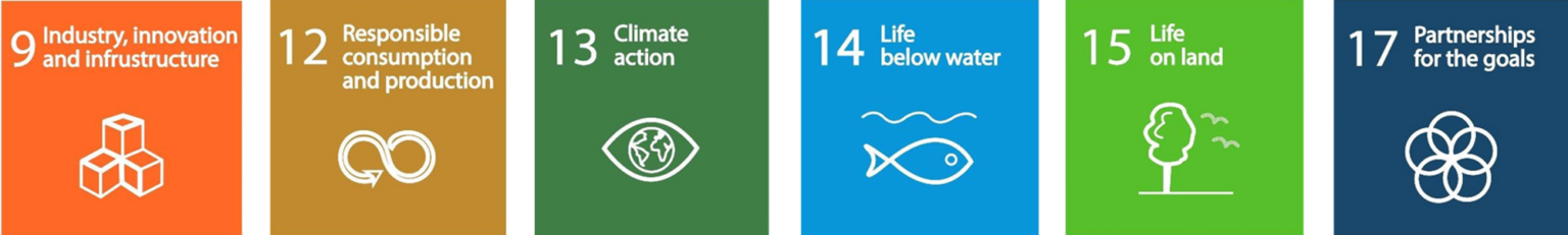 United Nations Sustainable Development Goals mapped by Dem8r: SDG 9 Industry, Innovation and Infrastructure; SDG 12 Responsible Consumption and Production; SDG 13 Climate Action; SDG 14 Life Below Water; SDG 15 Life on Land; and SDG 17 Partnerships for the Goals